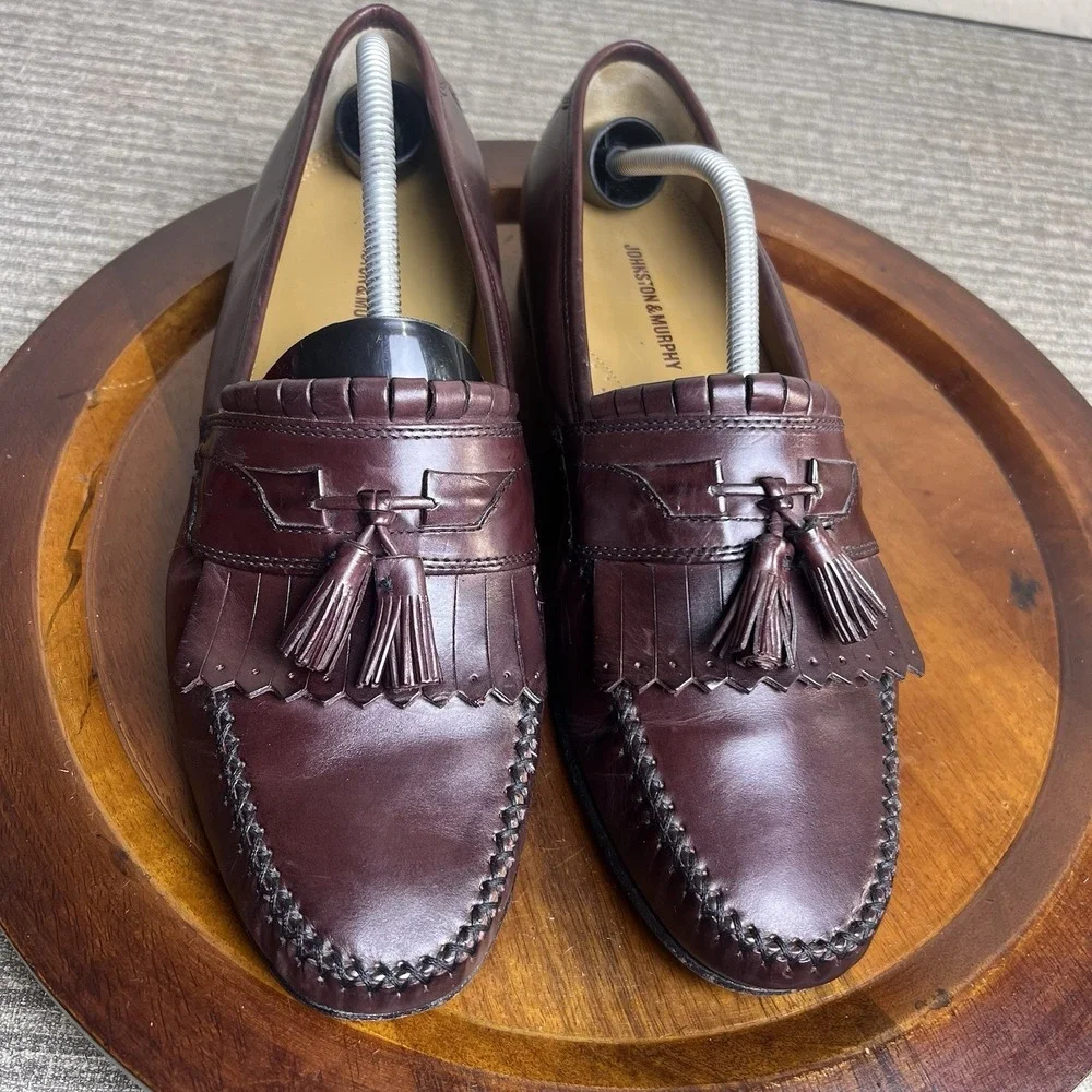 Johnson & Murphy Kilty Tassel Burgundy Leather Loafers Shoes 11 M Dress Slip On